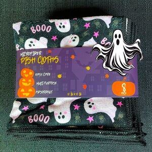 8x Halloween Ghosts Microfiber Kitchen Dish Towel Set Black White Spiders NWT